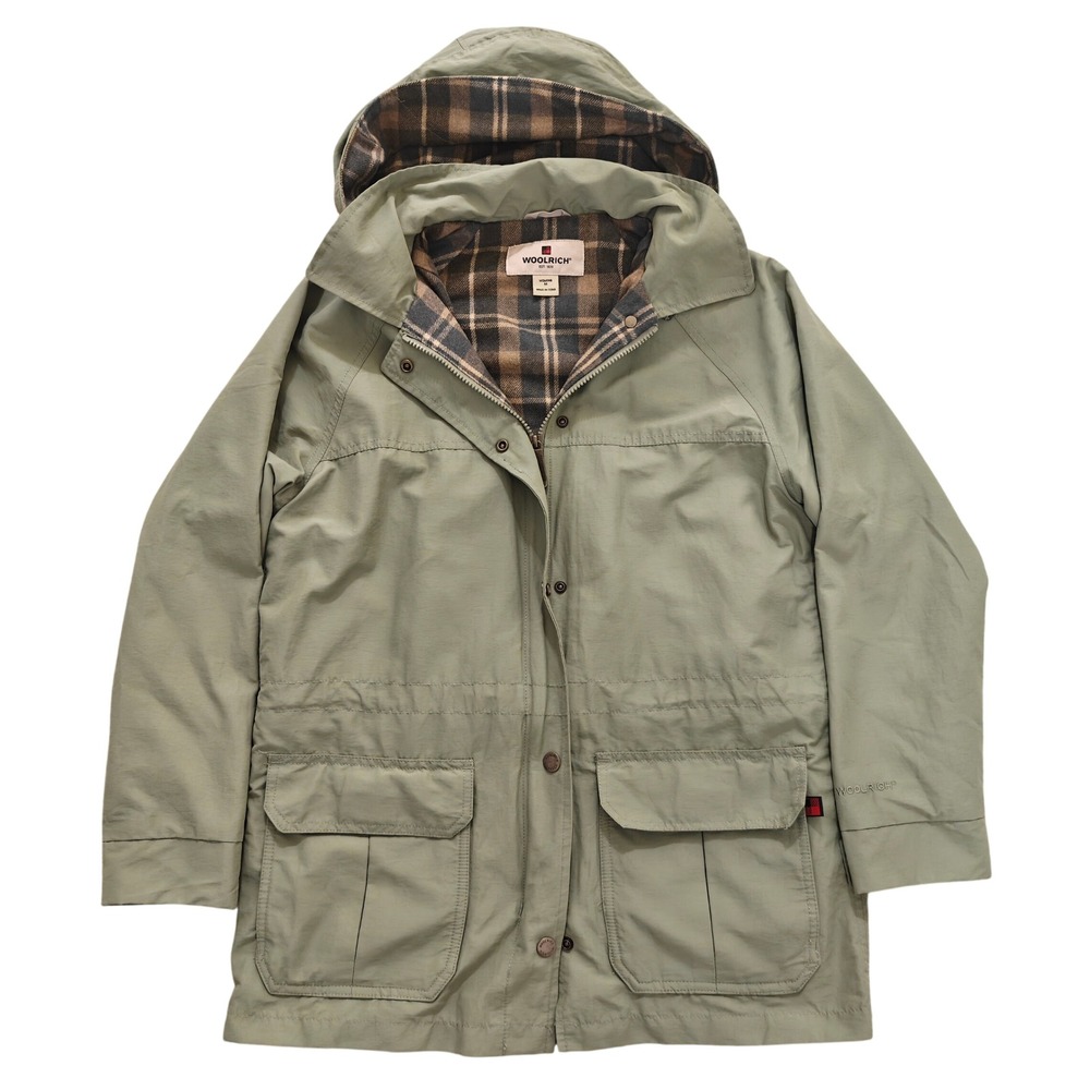 Woolrich Womens Sage Green Plaid Lined Field Jacket Hooded Utility Coat 22713 M